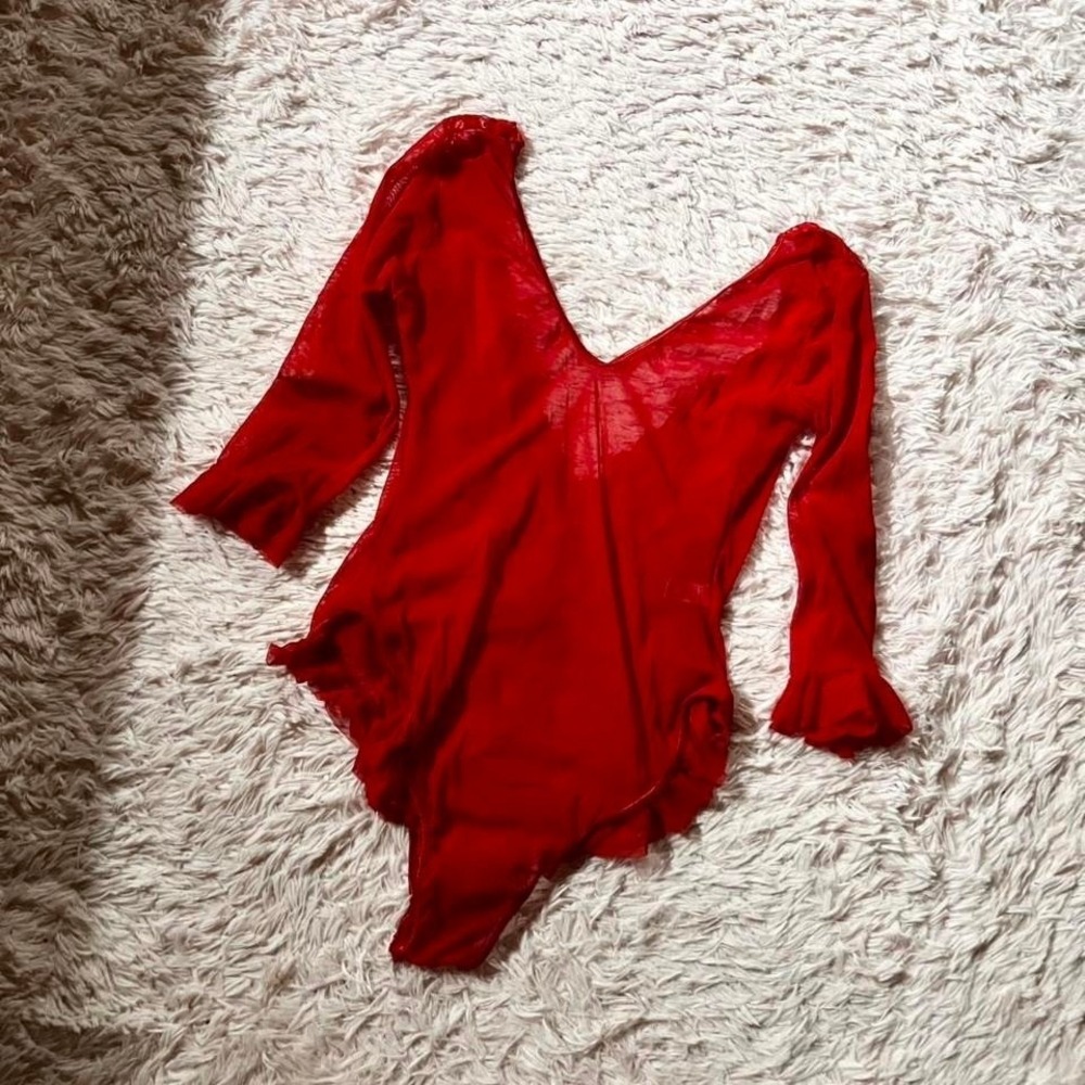 Sheer Ruffle Sexy Red Hot Backless Bodysuit Lingerie Queen Size Madam Power Dom